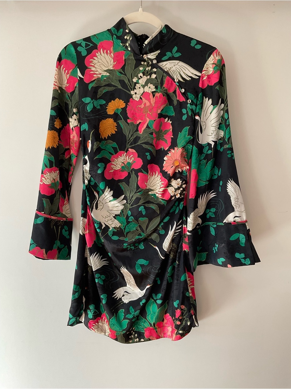 Zara Black Floral & Crane Satin Chinese Style Dress Size Medium